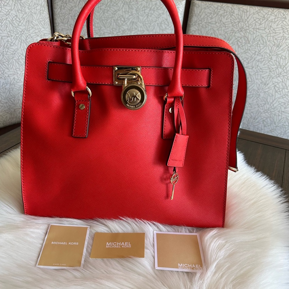 Michael Kors Authentic Hamilton Large Mandarin Red Leather Saffiano Tote